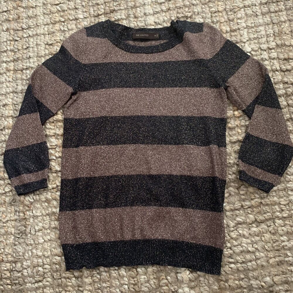 The Limited Womens XS 3/4 Sleeve Light Pullover Sweater Metallic Striped Black